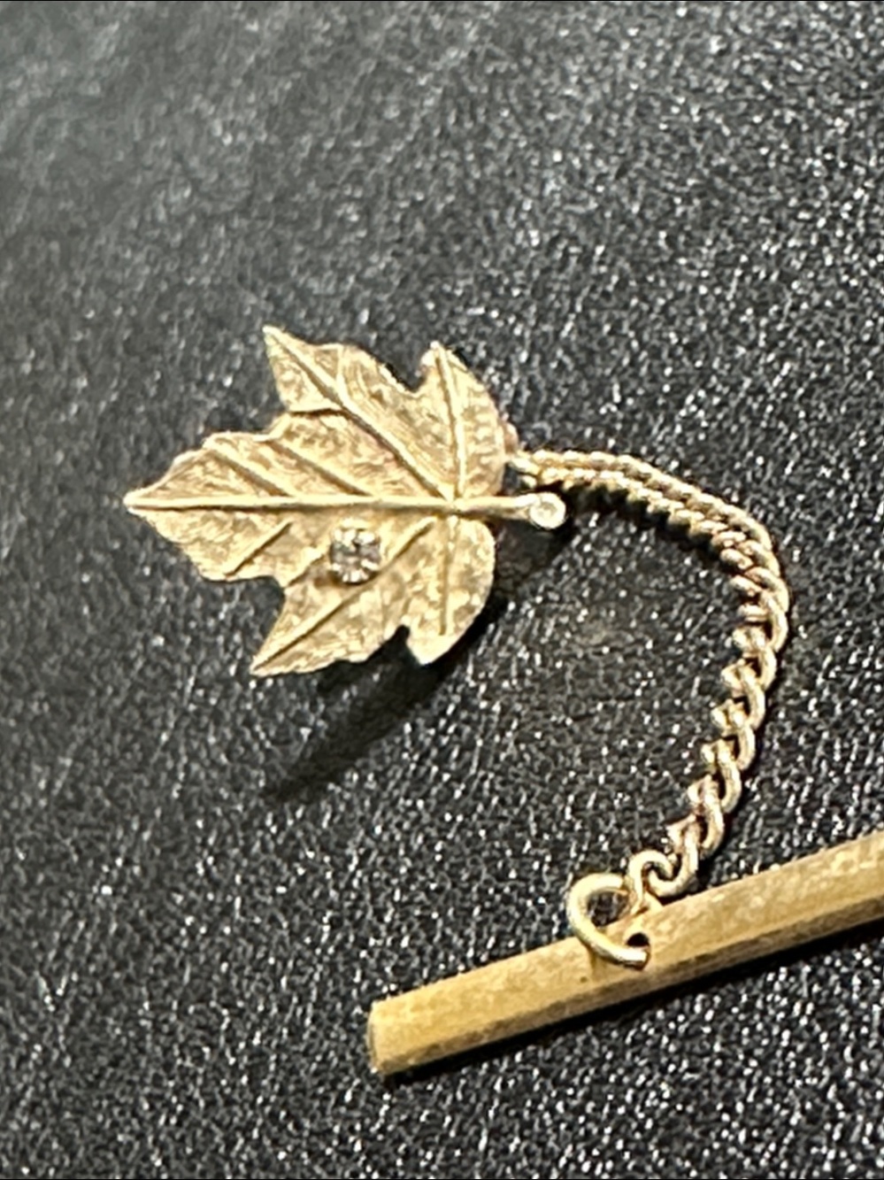 Maple Leaf Gold Tone Vintage Tie Tack With Rhinestone Accent